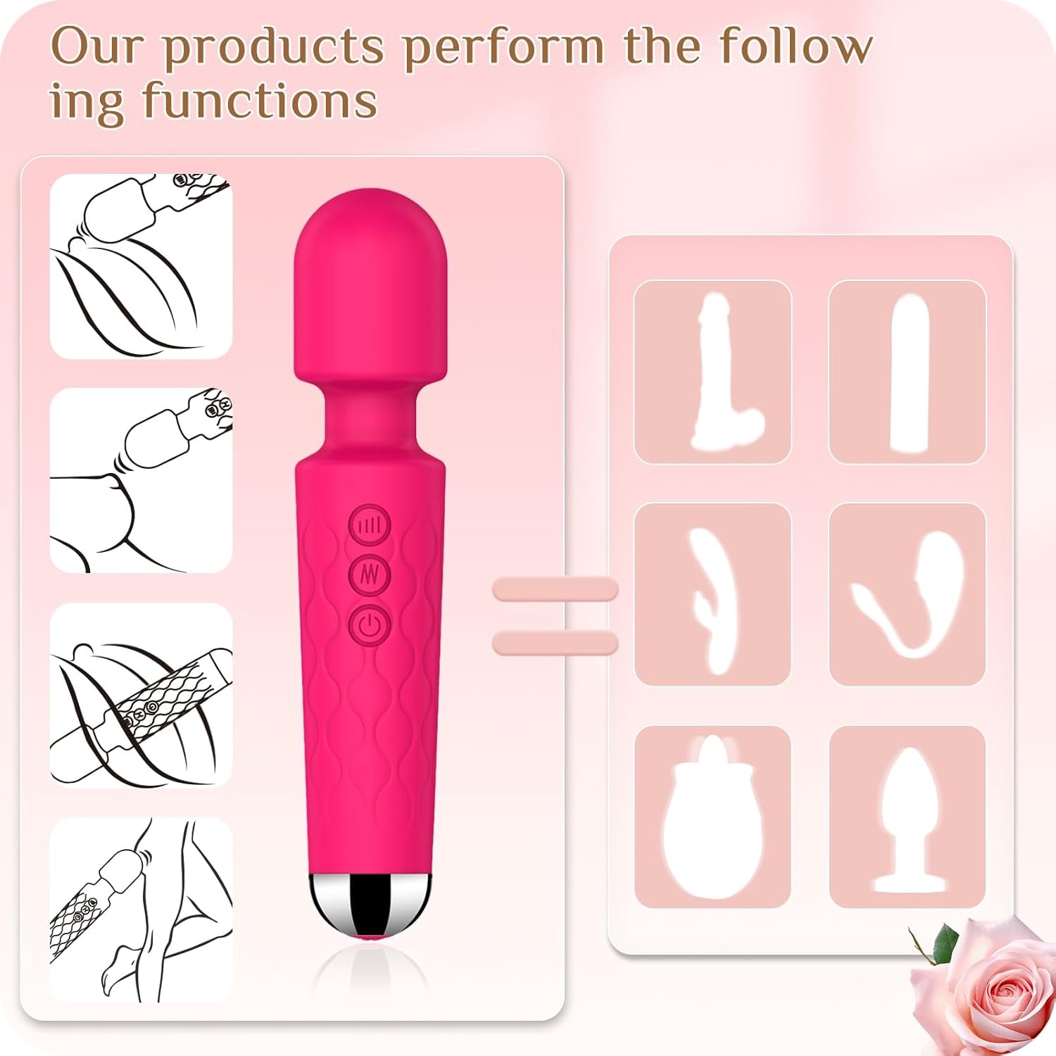Vibrator Wand,Adult Sex Toy Wand, G Spot Dildo, Clit Vibrator, Sex Vibrators,Clitoris Stimulation,With 8 Speeds & 20 Patterns,Fully Waterproof,Vibrating Wand for Her Pleasure (Rose Red)