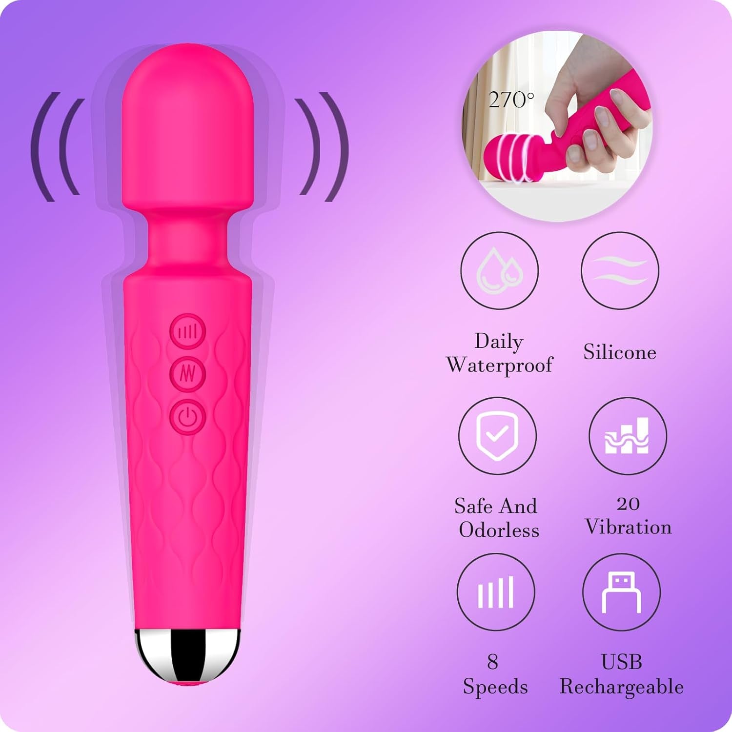 Vibrator Wand,Adult Sex Toy Wand, G Spot Dildo, Clit Vibrator, Sex Vibrators,Clitoris Stimulation,With 8 Speeds & 20 Patterns,Fully Waterproof,Vibrating Wand for Her Pleasure (Rose Red)